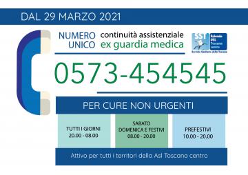 Dalle 20 di lunedì 29 marzo 2021 il nuovo numero del servizio di Continuità Assistenziale è 0573 454545